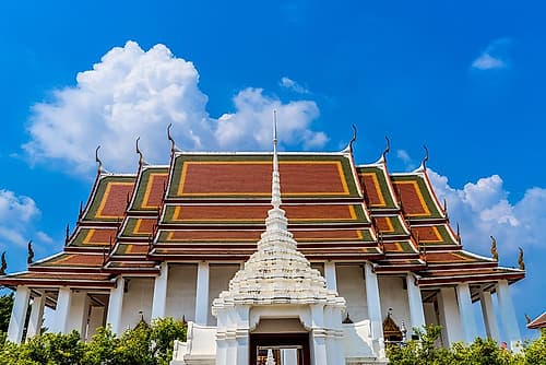 White gate main hall Buddhist temple, Wat Ratchanatdaram, Worawihan, Bangkok, Thailand. Art Print